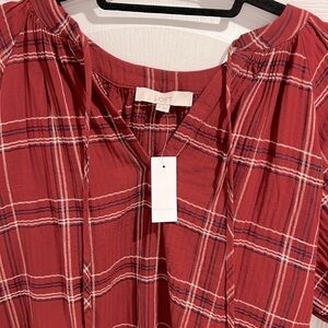 Loft NWT burgundy/black Plaid Short Sleeve gauze Blouse
